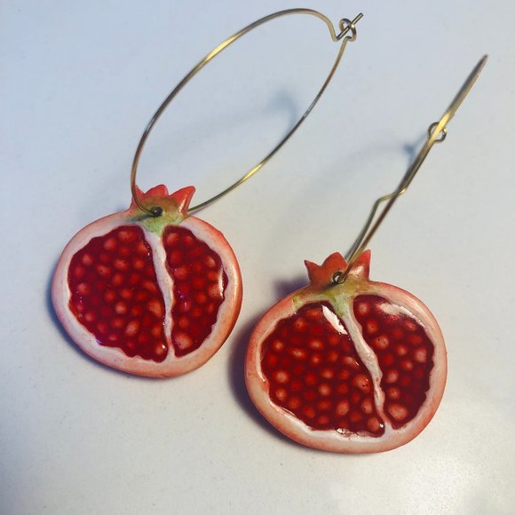 Red Pomegranate Hoop Earrings with Gold Hoops (Made with Polymer Clay & Resin) - Picture 1 of 12